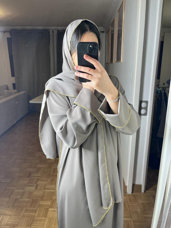 Abaya voile intégré bordure or[taupe]