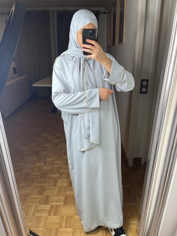 Abaya voile intégré bordure or[gris]
