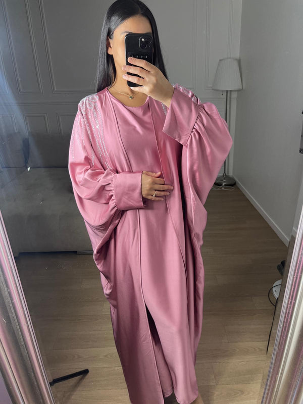 Ensemble 2 pièces abaya + gilet rose