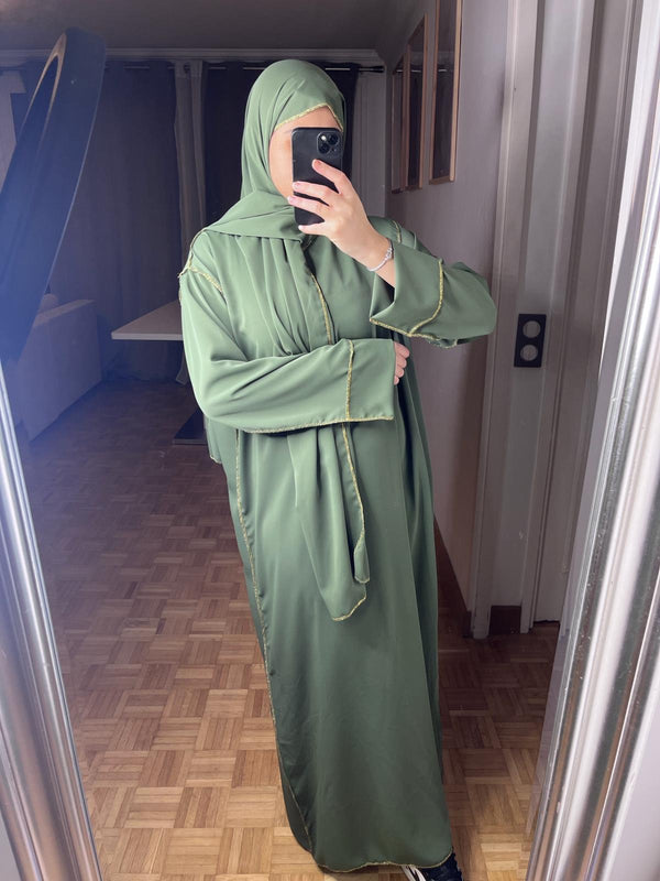 Abaya voile intégré bordure or[kaki]